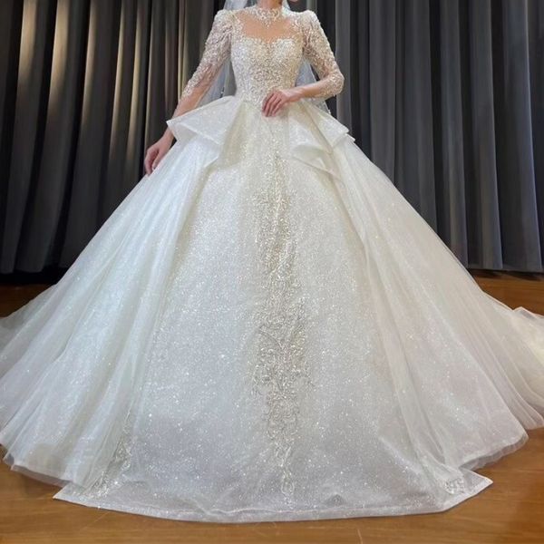 gorgeous shiny high neck appliques beaded long sleeve ball gown wedding dress 2023 elegant button chapel train vintage bridal gown, White
gorgeous shiny high neck appliques beaded long sleeve ball gown wedding dress 2023 elegant button chapel train vintage bridal gown, White