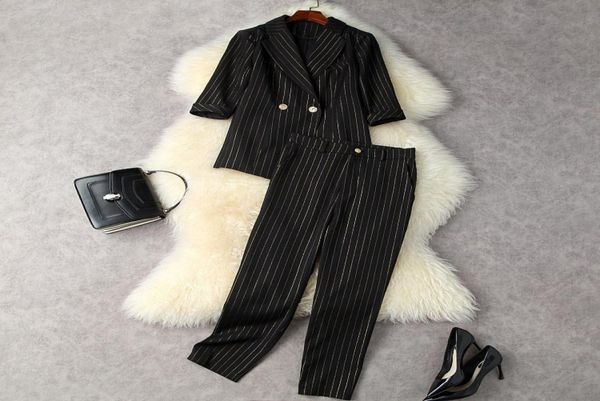 european and american women039s wear new autumn 2022 striped jacket with half sleeves nine minutes of pants fashion suits4838002, White 
european and american women039s wear new autumn 2022 striped jacket with half sleeves nine minutes of pants fashion suits4838002, White