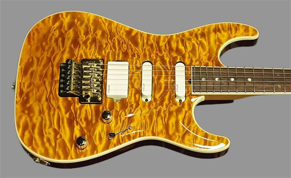 pensa mark knopfler mk-i amber quilted maple electric guitar white pickups, floyd rose tremolo bridge & locking nut, gold hardware
pensa mark knopfler mk-i amber quilted maple electric guitar white pickups, floyd rose tremolo bridge & locking nut, gold hardware