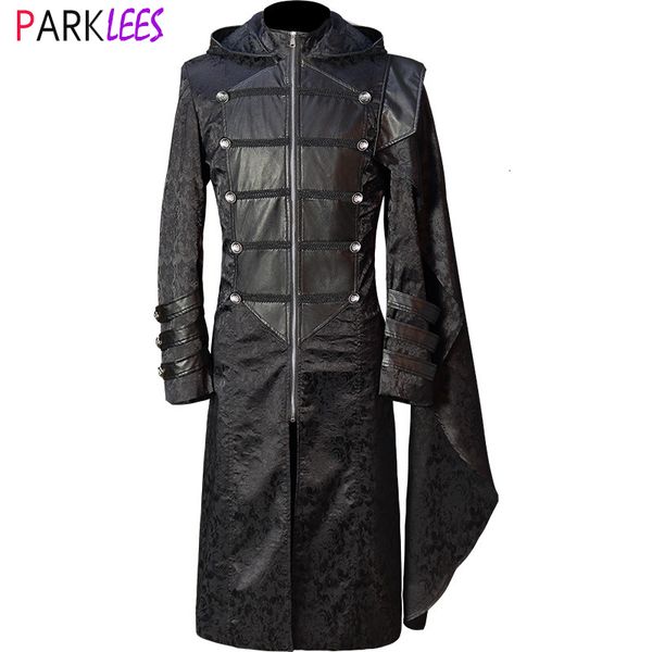 men's suits blazers mens long pu leather patchwork steampunk coat jacket floral jacquard vintage medieval gothic cape halloween costume, White;black 
men's suits blazers mens long pu leather patchwork steampunk coat jacket floral jacquard vintage medieval gothic cape halloween costume, White;black