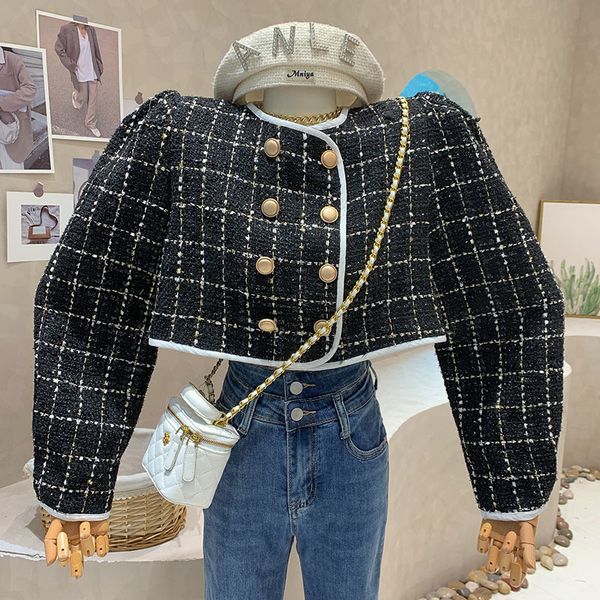 womens jackets autumn spring vintage tweed jacket coat women small fragrance patchwork korean woollen cropped coats elegant short outerwear, Black;brown
womens jackets autumn spring vintage tweed jacket coat women small fragrance patchwork korean woollen cropped coats elegant short outerwear, Black;brown