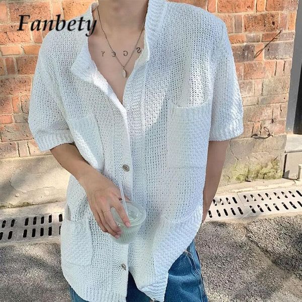 men's sweaters korean knitted mesh hollow trendy solid color o neck short sleeve cardigan casual multipocket button allmatch shirt 2308, White;black
men's sweaters korean knitted mesh hollow trendy solid color o neck short sleeve cardigan casual multipocket button allmatch shirt 2308, White;black