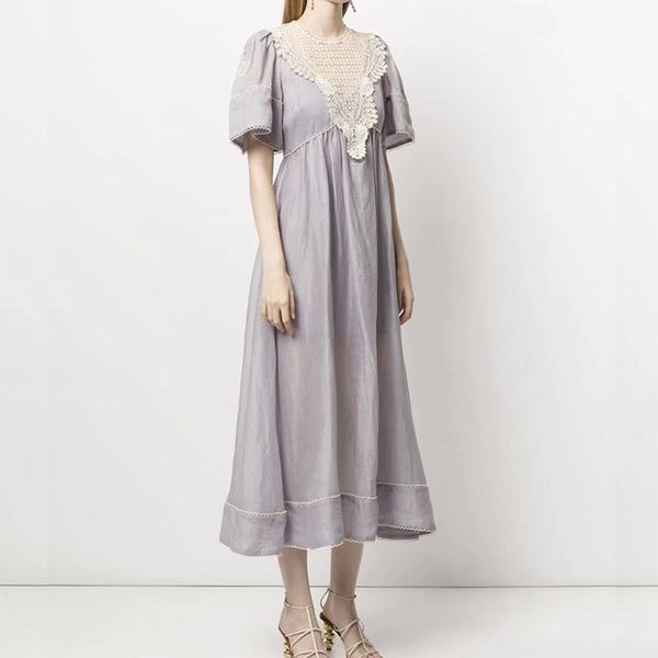 early autumn designer dress linen round neck hollow lace panel flare sleeve high waist mid length dress, Black;gray
early autumn designer dress linen round neck hollow lace panel flare sleeve high waist mid length dress, Black;gray