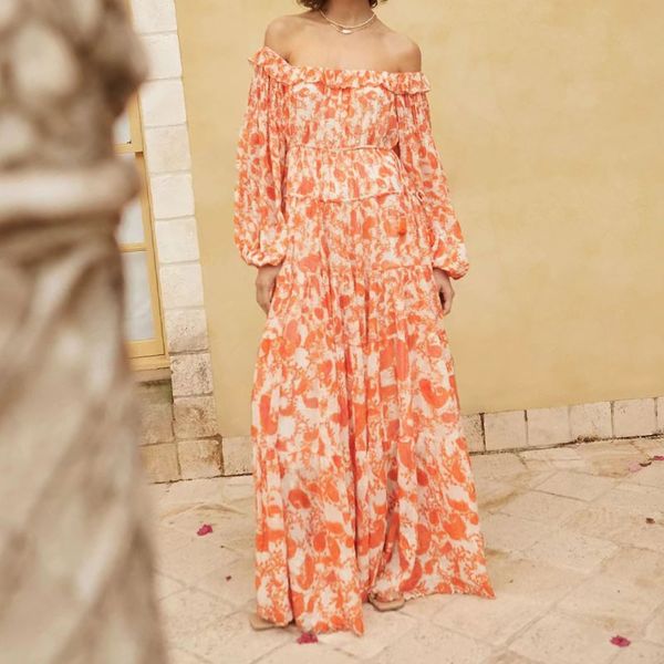 early autumn designer dress with ruffle edge one line neck, lantern sleeves, flower print long dress, Black;gray
early autumn designer dress with ruffle edge one line neck, lantern sleeves, flower print long dress, Black;gray