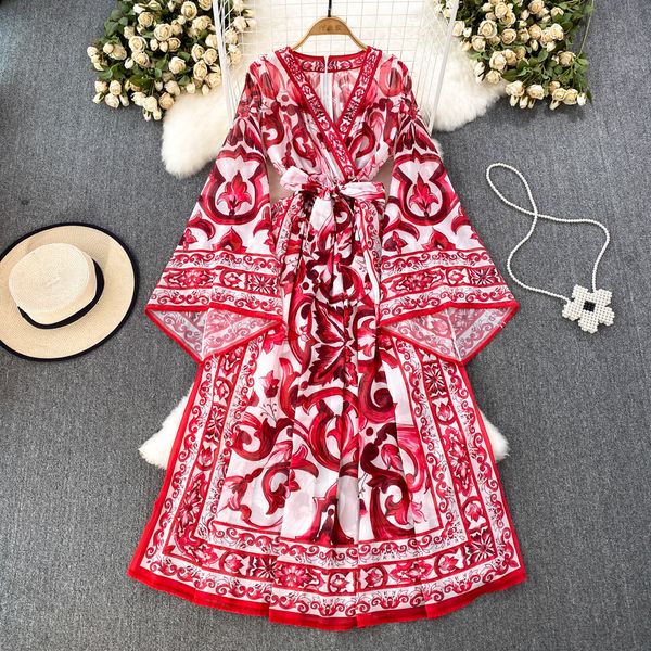 european and american retro printed dress 2023 early autumn v-neck loose tie up waist flared sleeves long skirt with large swing, Black;gray
european and american retro printed dress 2023 early autumn v-neck loose tie up waist flared sleeves long skirt with large swing, Black;gray