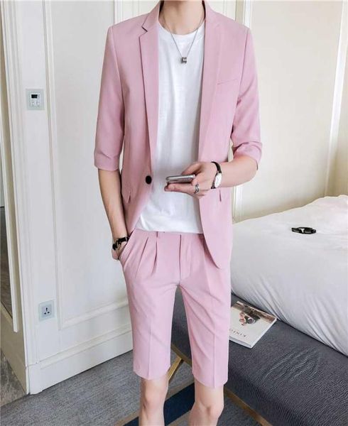 men suit set slim fit half sleeve knee length pants korean style men039s clothing pink white summer suit jacket with short pant5378958, White;black
men suit set slim fit half sleeve knee length pants korean style men039s clothing pink white summer suit jacket with short pant5378958, White;black