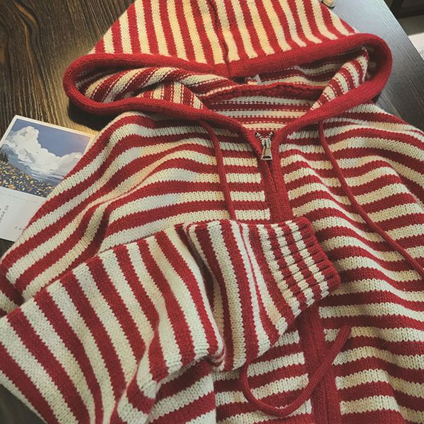 womens knits tees korean fashion stripes hooded knit cardigan woman red loose casual autumn winter sweater zipper coat oversized long sleeve, White
womens knits tees korean fashion stripes hooded knit cardigan woman red loose casual autumn winter sweater zipper coat oversized long sleeve, White