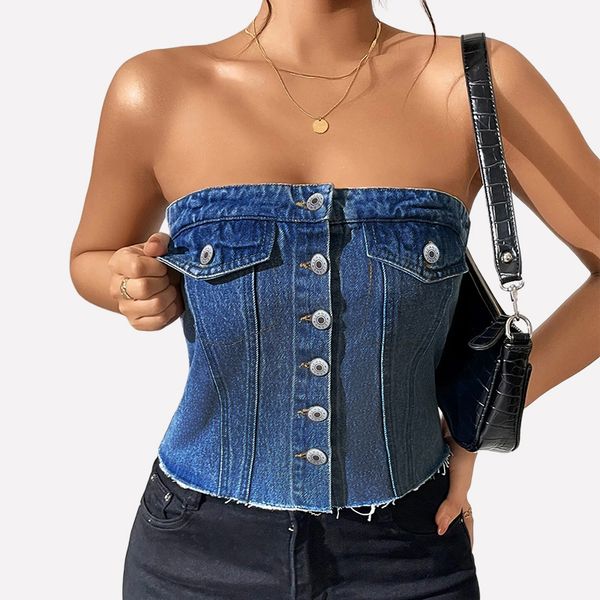 women's summer new fashion street trend denim elastic wrapped chest button top, White
women's summer new fashion street trend denim elastic wrapped chest button top, White