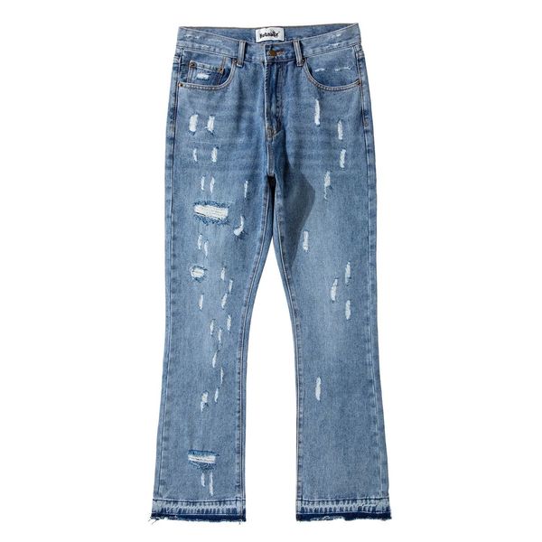 guo de washed flared jeans men's straight new irregular high waist color matching hole flared jeans trousers., Blue
guo de washed flared jeans men's straight new irregular high waist color matching hole flared jeans trousers., Blue