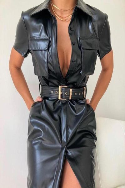 solid pu leather dress women short sleeve turn down collar shirt belted party dresses black vestidos mujer6840928, Black;gray
solid pu leather dress women short sleeve turn down collar shirt belted party dresses black vestidos mujer6840928, Black;gray