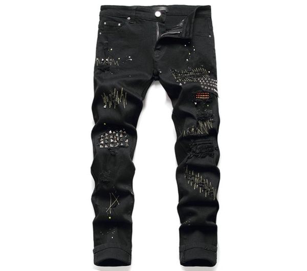 black rivets men039s jeans stretch ripped paint denim pants fashion slim embroidery trousers punk style male clothing pantalone5009476, Blue
black rivets men039s jeans stretch ripped paint denim pants fashion slim embroidery trousers punk style male clothing pantalone5009476, Blue
