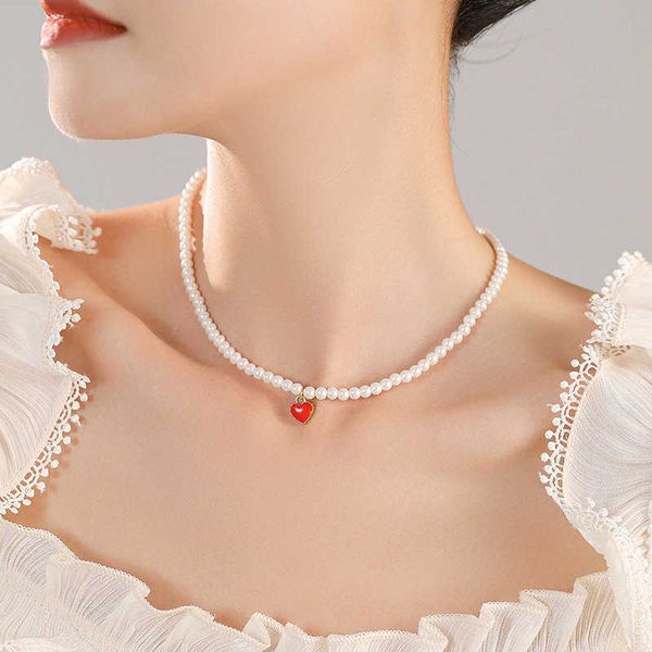 new red love pendant shi family pearl necklace women's light luxury french collar chain small and sweet neckchain, Silver
new red love pendant shi family pearl necklace women's light luxury french collar chain small and sweet neckchain, Silver