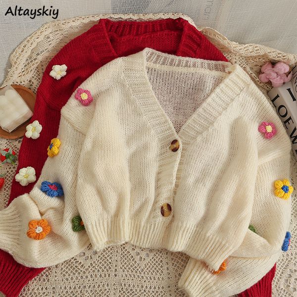women's knits tees cropped cardigan 3d flower v-neck kawaii retro design all-match mujer sweater tender girlish aesthetic fall arrival, White
women's knits tees cropped cardigan 3d flower v-neck kawaii retro design all-match mujer sweater tender girlish aesthetic fall arrival, White