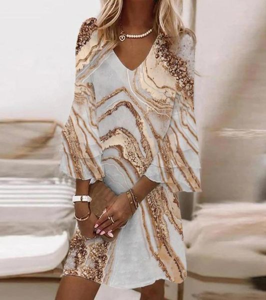 casual dresses fashion women flare sleeve dress floral print patchwork elegant vneck loose aline boho beach1598174, Black;gray
