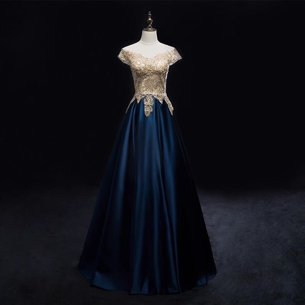 dark navy evening dresses satin formal party dress sheer neckline with gold applique, Black;red
dark navy evening dresses satin formal party dress sheer neckline with gold applique, Black;red