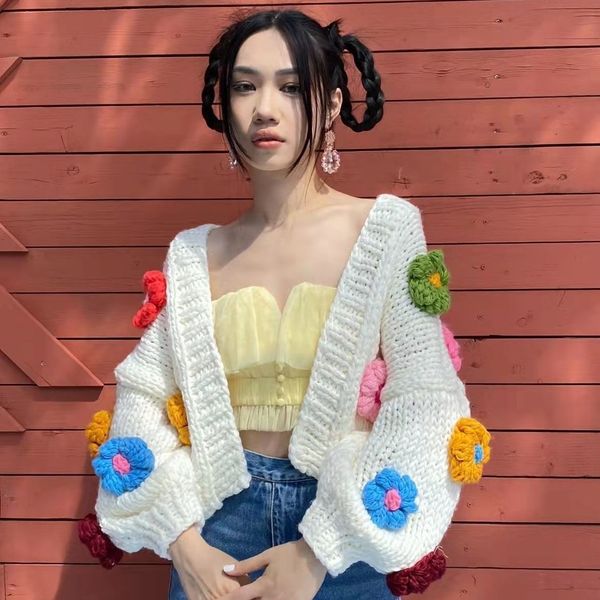 women s knits tees flower sweater cardigan autumn winter versatile slouchy short knitted 230821, White
women s knits tees flower sweater cardigan autumn winter versatile slouchy short knitted 230821, White