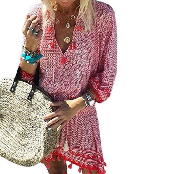 2021 new vneck quarter sleeve tassel elastic waist beach skirt dress 30833061934, Black;gray
2021 new vneck quarter sleeve tassel elastic waist beach skirt dress 30833061934, Black;gray
