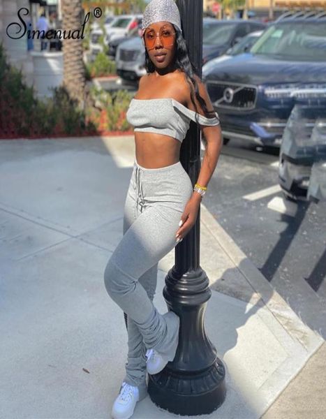simenual off shoulder matching sets women sleeveless club party two piece outfits bodycon and stacked pants set y2007011396487, White