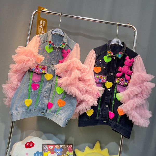 womens jackets mesh sleeve denim coat women plus size jeans outfit summer casual glitter cardigan short chaqueta vaquera mujer 230818, Black;brown 
womens jackets mesh sleeve denim coat women plus size jeans outfit summer casual glitter cardigan short chaqueta vaquera mujer 230818, Black;brown