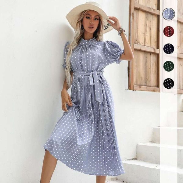 spring and summer style medium long short sleeves polka point lace up pleated womens dress, Black;gray
spring and summer style medium long short sleeves polka point lace up pleated womens dress, Black;gray