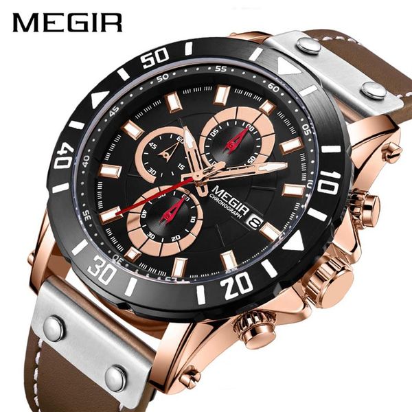 

megir chronograph sport mens watches brand luxury leather quartz watch men clock wristwatches relogio masculino reloj hombre3197, Slivery;brown