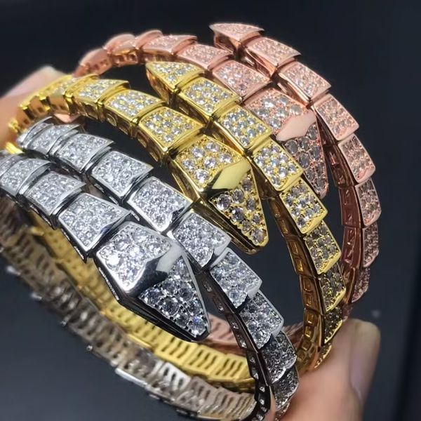 

High quality silver 925 women's snake pattern full hollow inlaid three row diamond boutique jewelry home full diamond bracelet party birthday gift