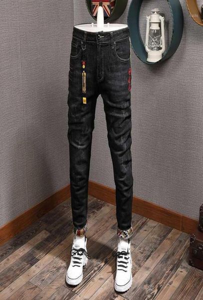fashion streetwear men jeans slim fit black elastic ripped jeans men japanese patches designer denim pants hip hop homme13322865, Blue 
fashion streetwear men jeans slim fit black elastic ripped jeans men japanese patches designer denim pants hip hop homme13322865, Blue