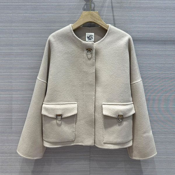 designer coat new double sided cashmere wool blended hardware ring buckle round neck short jacket coat women, Black;brown
designer coat new double sided cashmere wool blended hardware ring buckle round neck short jacket coat women, Black;brown