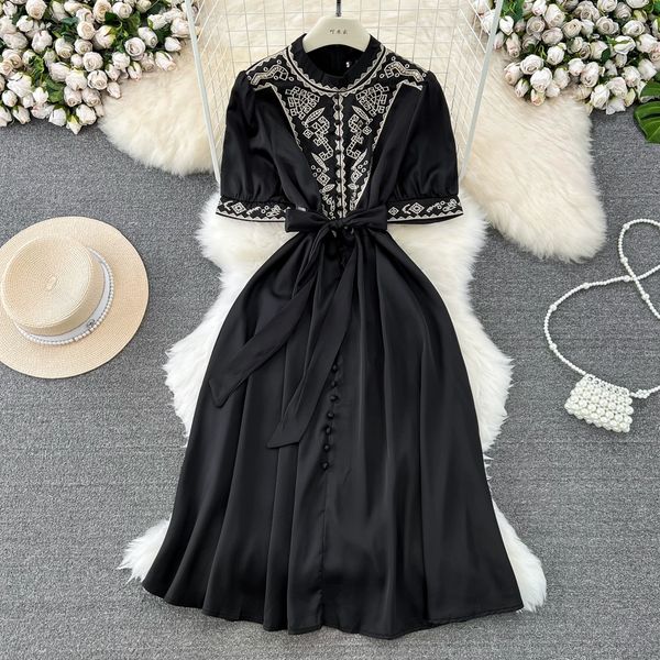 vintage palace style dress temperament bubble short sleeves embroidered round neck waist wrapped single breasted a-line elegant long dress, Black;gray
vintage palace style dress temperament bubble short sleeves embroidered round neck waist wrapped single breasted a-line elegant long dress, Black;gray