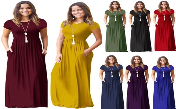 women fashion summer pocket floor length dress women party dresses casual short sleeve o neck solid maxi dress female9547691, Black;gray