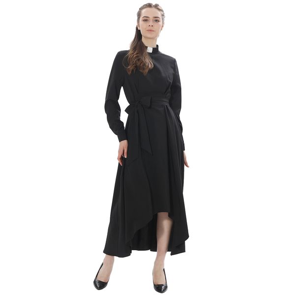 catholic church women clergy dress long sleeve loose elegant priest maxi dresses with tab insert collar and belts, White;black
catholic church women clergy dress long sleeve loose elegant priest maxi dresses with tab insert collar and belts, White;black