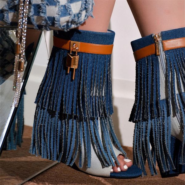 boot trend 2023 spring summer fashion tassels fish mouth shoes wedges metal lock breathable cool denim for 230821, Black
boot trend 2023 spring summer fashion tassels fish mouth shoes wedges metal lock breathable cool denim for 230821, Black