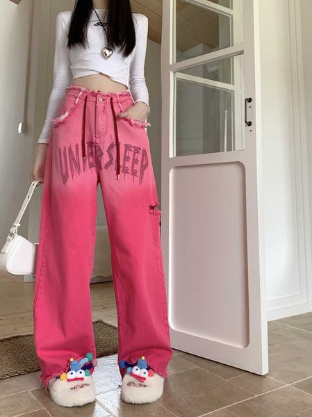 pink distressed jeans for women wearing dopamine washed letters with gradient drawstring decoration for women's denim straight leg pant, Black;white
pink distressed jeans for women wearing dopamine washed letters with gradient drawstring decoration for women's denim straight leg pant, Black;white