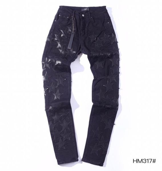 falection mens 21ss amimike jeans distressed black leather stars patch ripped denim pants8753573, Blue
