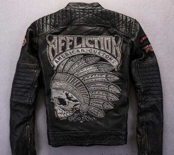 street fashion affliction men motorcycle genuine leather jacket with indian skull head embroidery1492793, Black
street fashion affliction men motorcycle genuine leather jacket with indian skull head embroidery1492793, Black