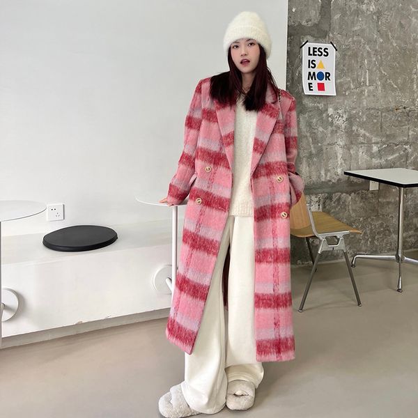 womens wool blends coat woolen korean style loose midi length winter pink plaid thickened female 230818, Black
womens wool blends coat woolen korean style loose midi length winter pink plaid thickened female 230818, Black
