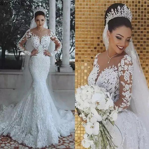 luxury dubai saudi arabic lace mermaid wedding dress illusion long sleeve bride dresses crystals beads wedding gowns, White
luxury dubai saudi arabic lace mermaid wedding dress illusion long sleeve bride dresses crystals beads wedding gowns, White