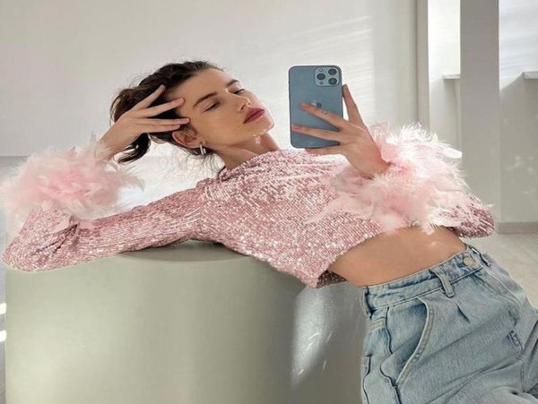 women039s t shirts party crop t shirt women sequins glitter feather long sleeve round neck short aesthetic clothes str8851888, White
women039s t shirts party crop t shirt women sequins glitter feather long sleeve round neck short aesthetic clothes str8851888, White