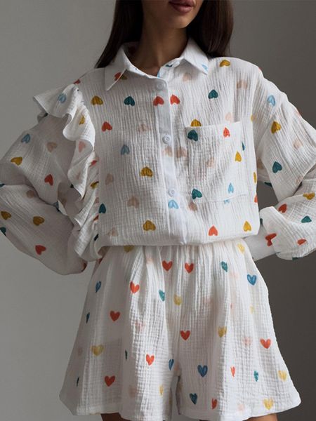 women's two piece pants cotton love print shorts suit female flounce fashion single breasted lapel shirts 2 pieces set elastic waist p, White
women's two piece pants cotton love print shorts suit female flounce fashion single breasted lapel shirts 2 pieces set elastic waist p, White