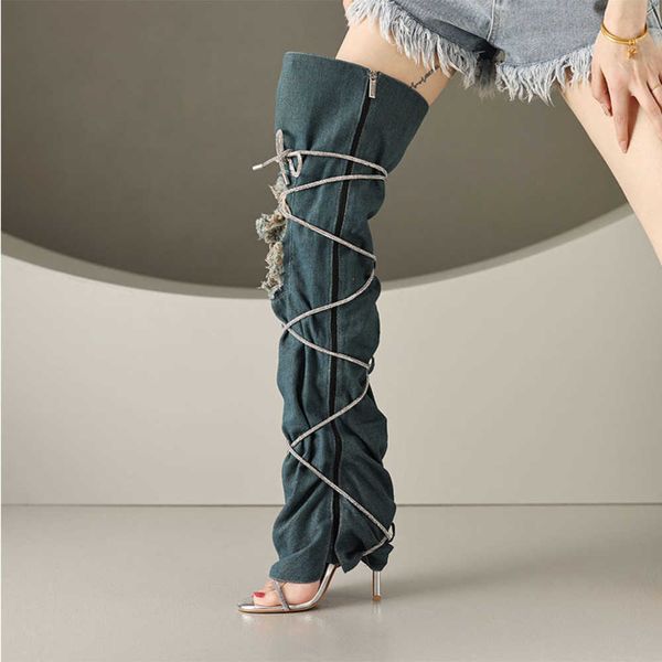 round toe open denim summer cool boots new side zipper cuffed rhinestone thin strap cross tie knee 230822, Black
round toe open denim summer cool boots new side zipper cuffed rhinestone thin strap cross tie knee 230822, Black