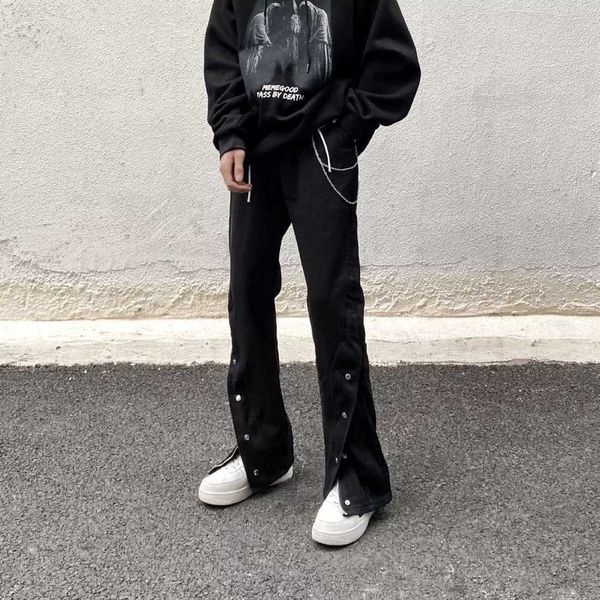 american high street vibe casual button jeans men's zipper slit design feeling loose straight tube floor dragging pants, Blue
american high street vibe casual button jeans men's zipper slit design feeling loose straight tube floor dragging pants, Blue