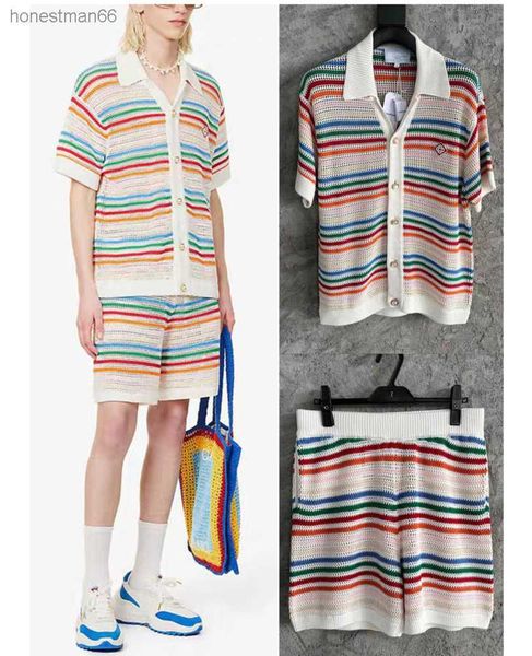 23ss casablanc desginer sweater fashion cardigan new rainbow stripe pearl button loose knit hollowed out style cardigan v-neck short sleeve, White;black
23ss casablanc desginer sweater fashion cardigan new rainbow stripe pearl button loose knit hollowed out style cardigan v-neck short sleeve, White;black