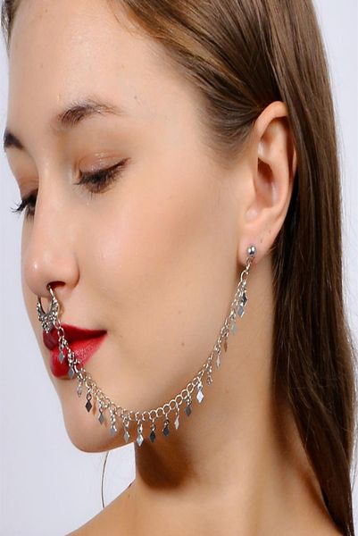 false nose ring with chain earrings set traditional indian woman nose piercing body jewelry for lady5732425, Silver
false nose ring with chain earrings set traditional indian woman nose piercing body jewelry for lady5732425, Silver