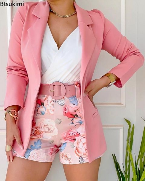 women's suits blazers spring summer women's two piece casual sets elegant blazer suit and floral print shorts ladies matching set, White;black