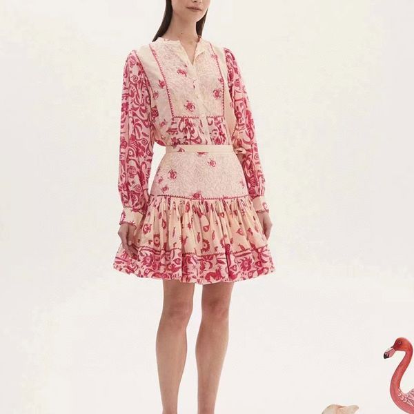 designer two piece set autumn new pink sweet printed silk shirt with high waist skirt set, White
designer two piece set autumn new pink sweet printed silk shirt with high waist skirt set, White