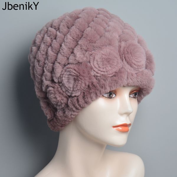 

beanie/skull caps winter women 100% natural real fur hats lady warm soft knit flower striped genuine rex rabbit fur caps outdoor fur beanies, Blue;gray