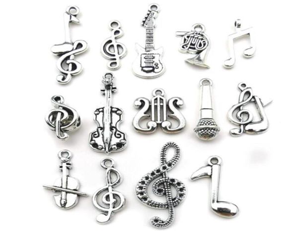 100pcs mixed charms musical guitar note piano french horn saxophone antique silver pendant for making cute earrings pendants neckl4118076, Bronze;silver