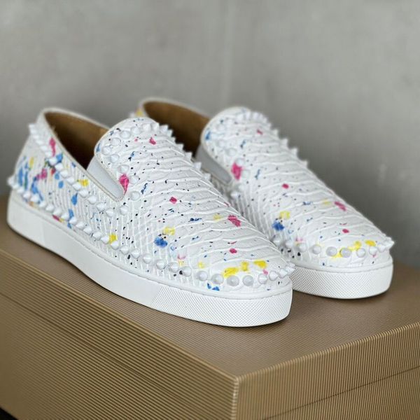 men's luxury brand casual shoes designer red bottoms slip on shoes white snake pattern leather rivet loafers red soled women sneakers, Black
men's luxury brand casual shoes designer red bottoms slip on shoes white snake pattern leather rivet loafers red soled women sneakers, Black