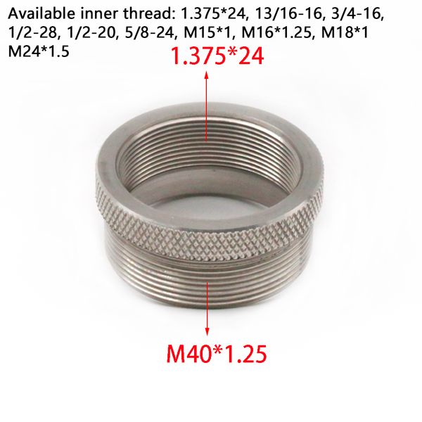 stainless steel 1.375*24, 13/16-16, 1/2-20, m15*1, m16*1.25, m18*1, m24*1.5, 1/2-28, 5/8-24, 3/4-16 to m40*1.25 end cap adapter ring convert
stainless steel 1.375*24, 13/16-16, 1/2-20, m15*1, m16*1.25, m18*1, m24*1.5, 1/2-28, 5/8-24, 3/4-16 to m40*1.25 end cap adapter ring convert