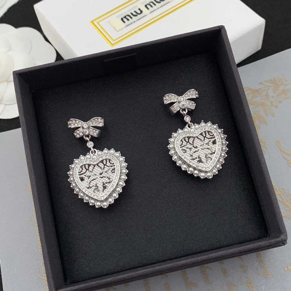 

r miumiu earring fashion new light luxury love diamond bow knot peach heart pearl earrings valentine's day gift quality light luxury je, Golden